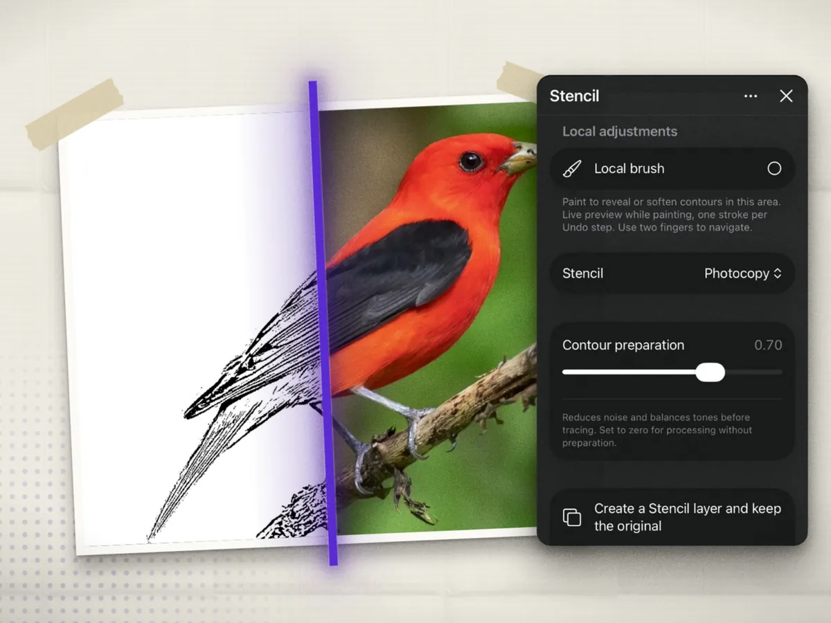 A tanager photo half turned into a stencil, next to the Stencil panel.