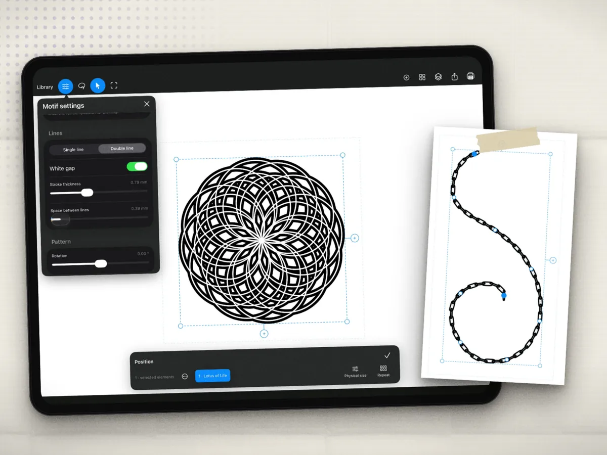 A rosette pattern on iPad and a chain drawn along an S curve.