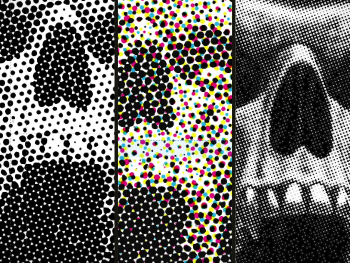 Close-ups of hexagonal, color and classic halftone dots.